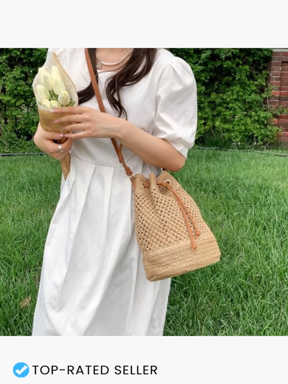 Woven Straw Bucket Bag Summer Fashion Handbag Crossbody Hobo Drawstring Purse - Picture 3 of 7